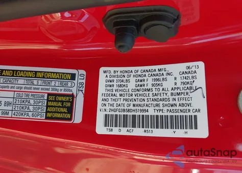 2013 Honda Civic Lx from USA, damaged, VIN 2HGFG3B58DH519994